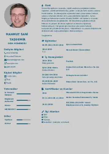 Gıda Mühendisi CV Örnekleri cv indir